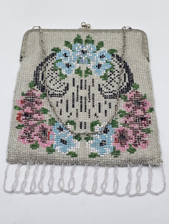 Handbags - Antique Edwardian Micro Beaded Purse 1910s Floral Glass Seed Bead Evening Bag